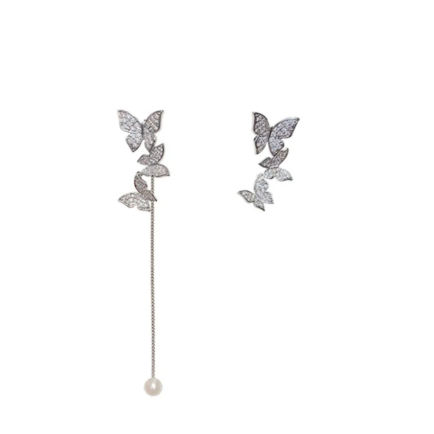 

00103-44 925 silver needle earrings asymmetric micro inlaid butterfly earrings long exquisite silver needle earrings