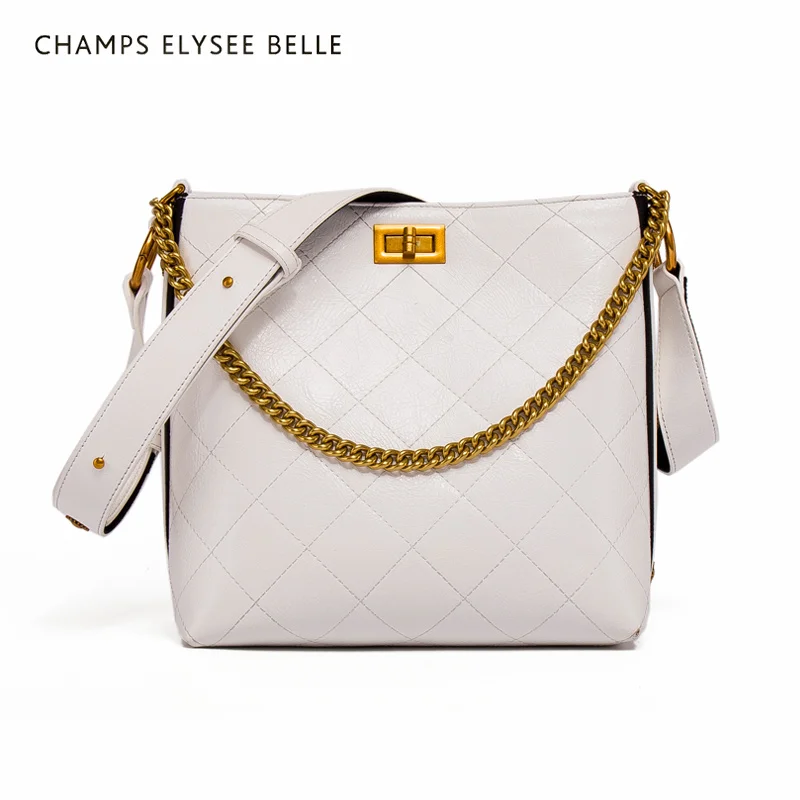 

2020 Trendy PU Leather Lozenge Bucket Bags Capacity Casual Shoulder Messenger Bags Ladies Handbag with Chains, Black,white,
