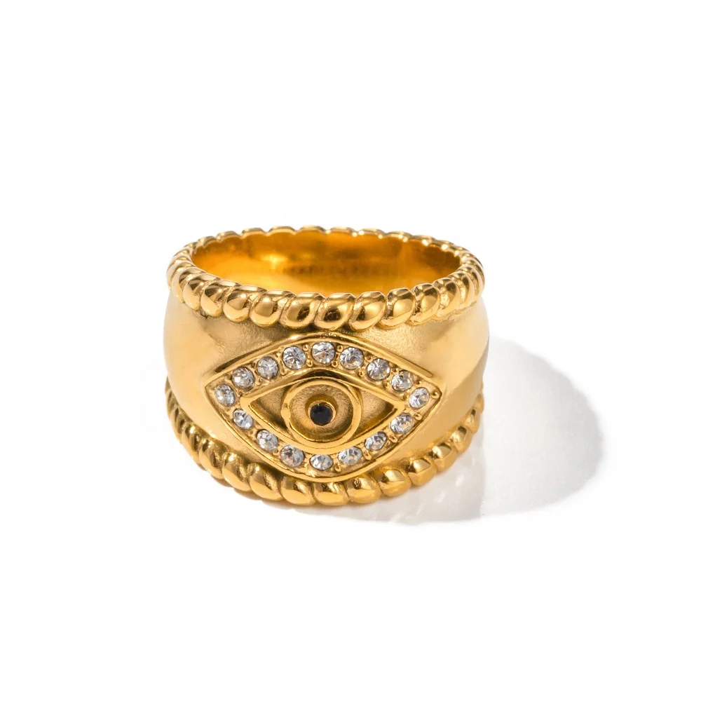 

Vintage Wholesale Custom Non Tarnish 18K Gold Plated Stainless Steel Ring Chunky Surface Crystal Agate Evil Eyes Ring for Women