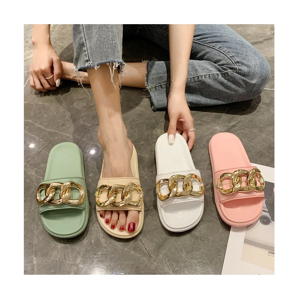 

Z New fashion women colorfule slippers with big three rings golden chain sandals outdoor beach slipper sandals for women and, Black/pink/green/orange/cream/white