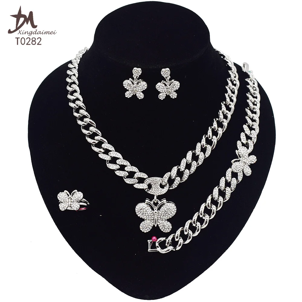 

T0282 Wholesale Cuban chain butterfly silver women's jewelry set, Silver color