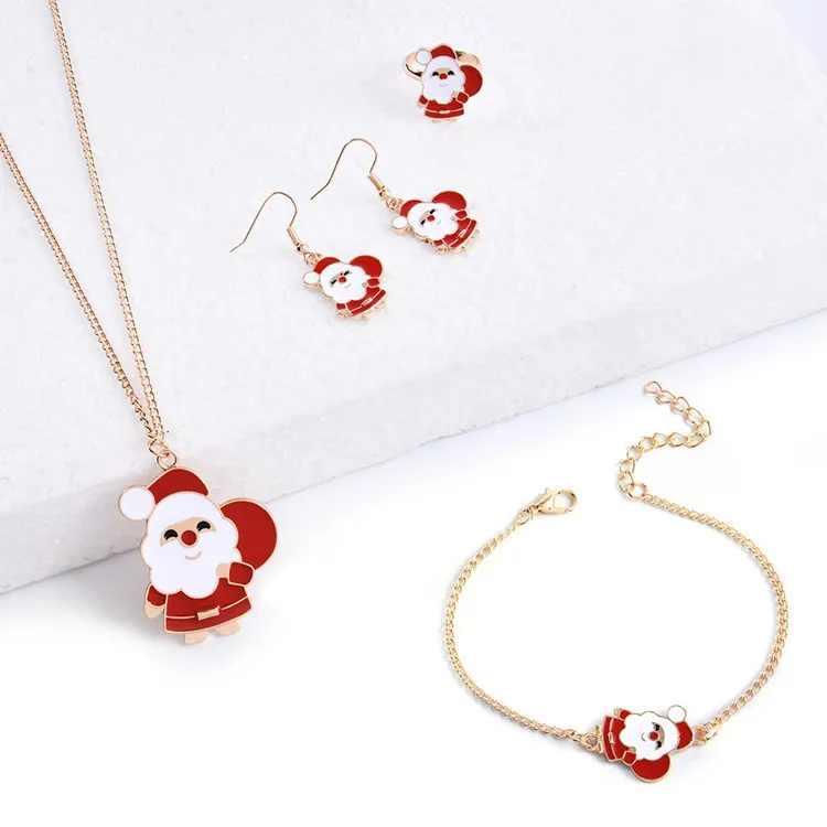 

Christmas Tress Elk Charm Necklace Bracelet Rings Earrings 4PCS Set Enamel Santa Claus Bells Pendants Christmas Jewelry Sets, Picture shows