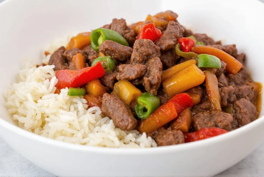 Perfectly cooked pepper steak with rice showing tender beef strips, colorful bell peppers, and steamed white rice in a white bowl