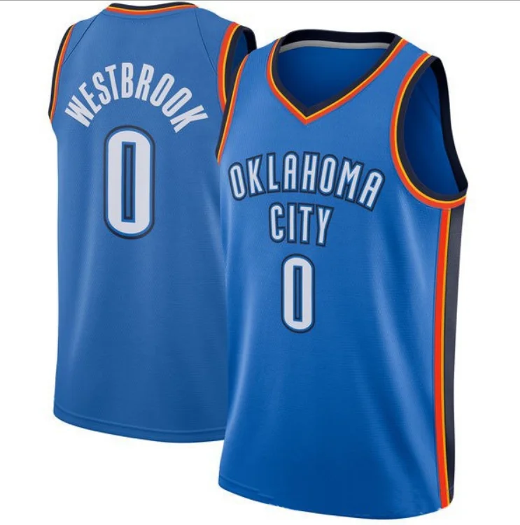 

New Wholesale Price Embroidered Men's #0 Russell Westbrook Basketball Jersey blue short sleeves
