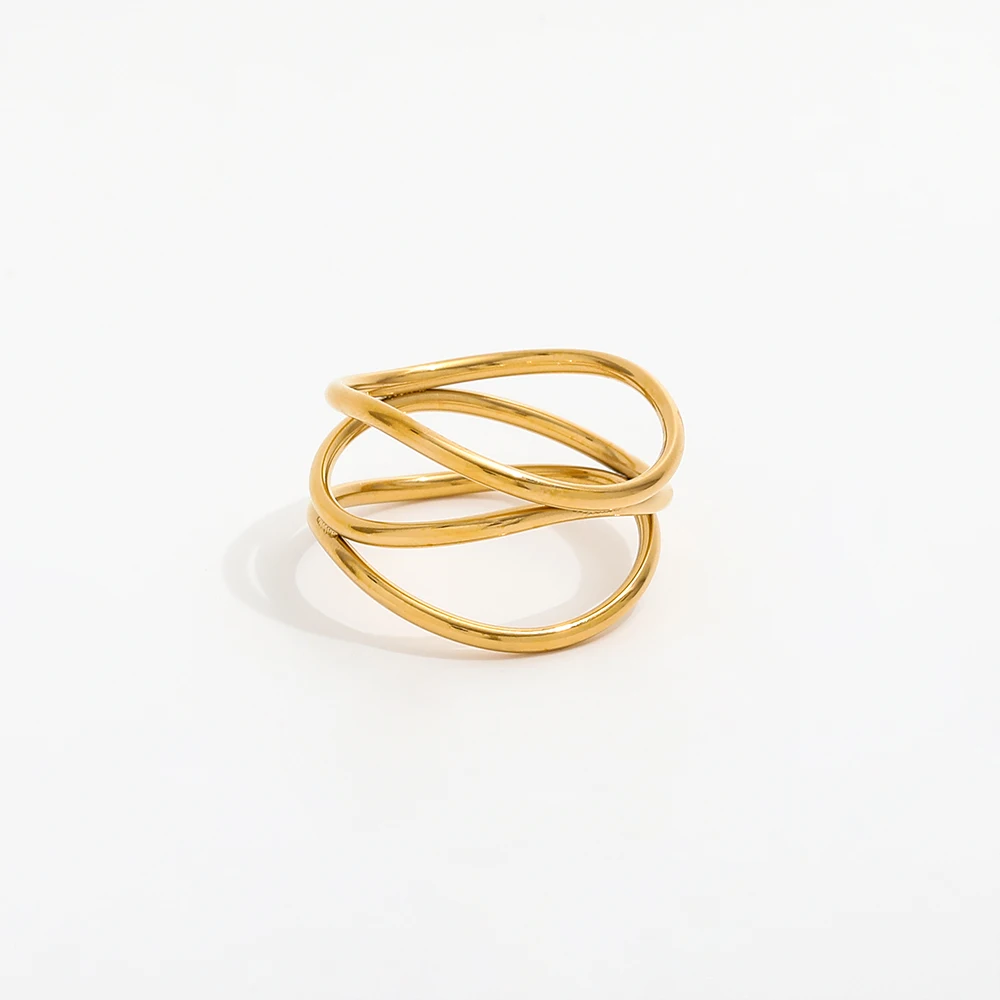 Tarnish Free High End 18K Gold Plated Three Layer Twist Statement Rings for Women Stainless Steel Jewelry
