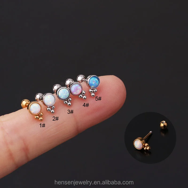 

Latest Raw Opal Stone 3 dots Titanium 316 Stainless Steel Screw Back Ear Piercing Jewelry Dainty Stud Tiny Earring, Silver / gold