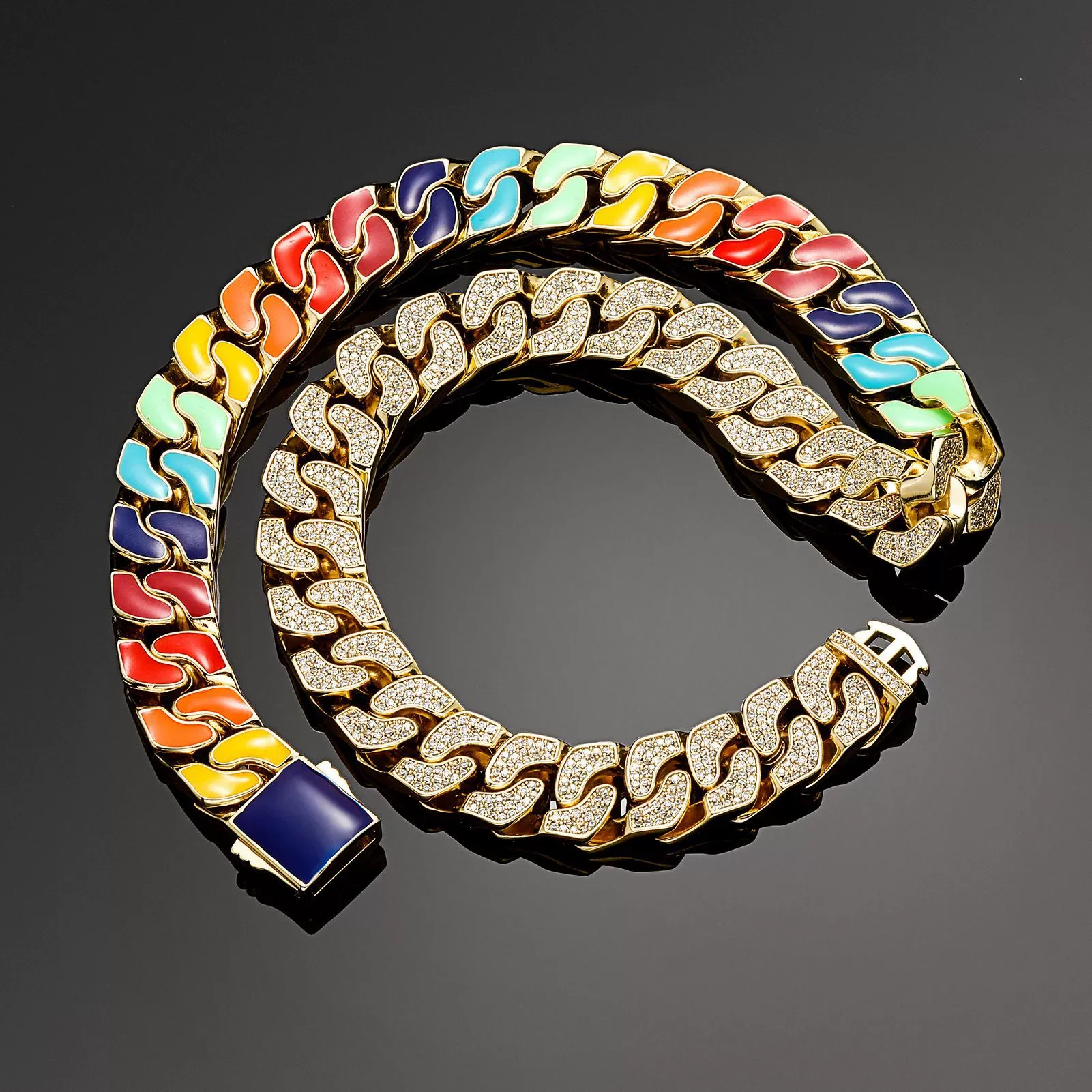 

2022 Spring New Colorful Men Hip Hop Bracelet Necklace 14mm Width CZ Paved Neon Enamel Double Sided Cuban Chain, Rose gold