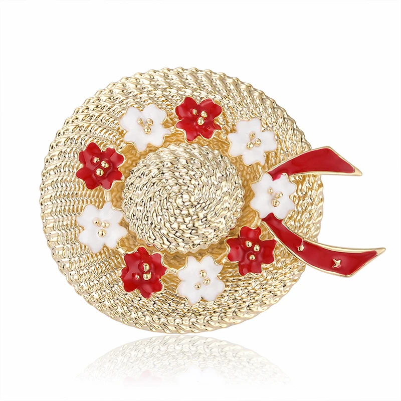 

Jachon Lovely Straw Hat Shaped Breastpin Alloy Plated With Small Colorful Flower Partysu Stylish Brooch Pins For Women Girls, Red,blue