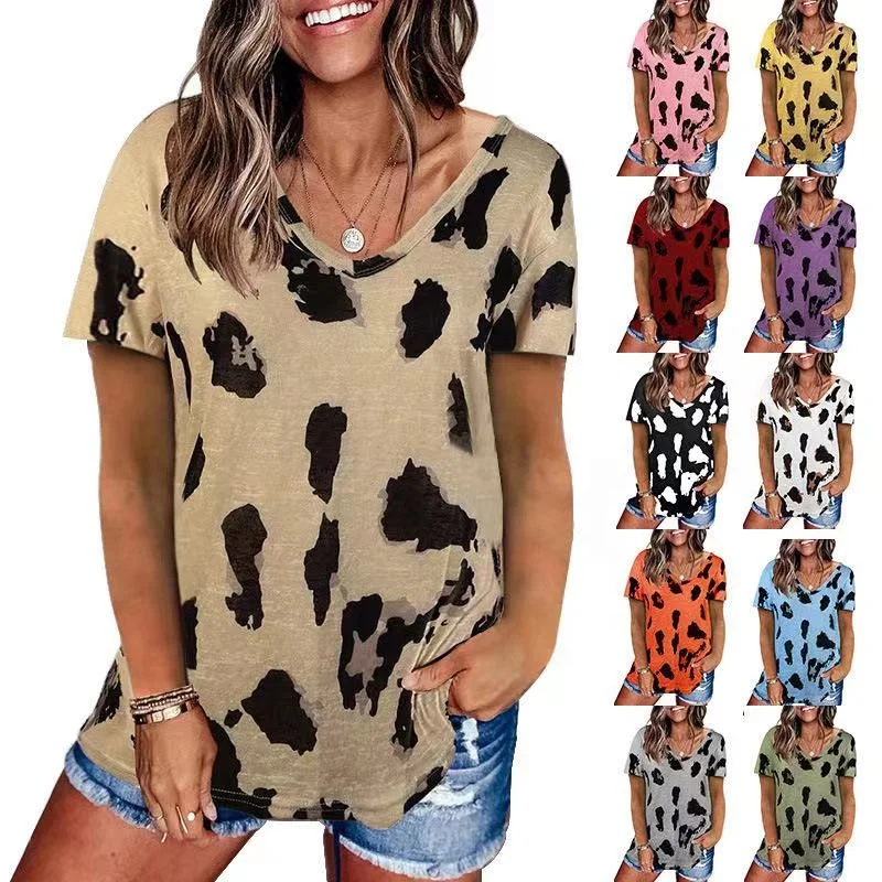 

T268 top Woman tshirts new summer 2021 Europe style loose off short sleeve T-shirt female leopard print harajuku T shirt women