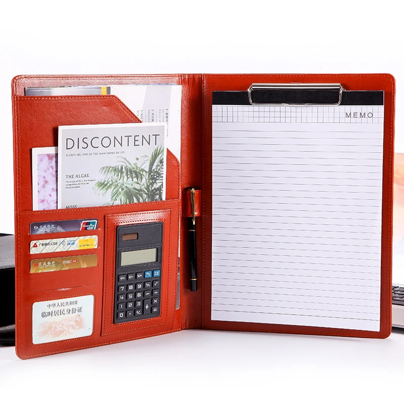 A4 Portfolio PU Leather Cover Document File Folder A4 Custom logo with Clipboard and Calculator