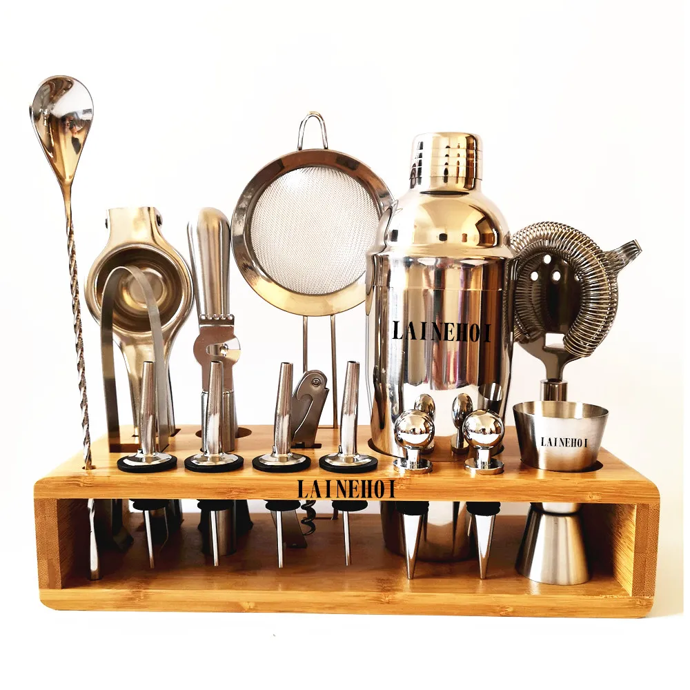 
High Quality Custom Logo Mixology Stainless Steel Bar tools set Bartender set Cocktail Shaker kit bamboo stand 