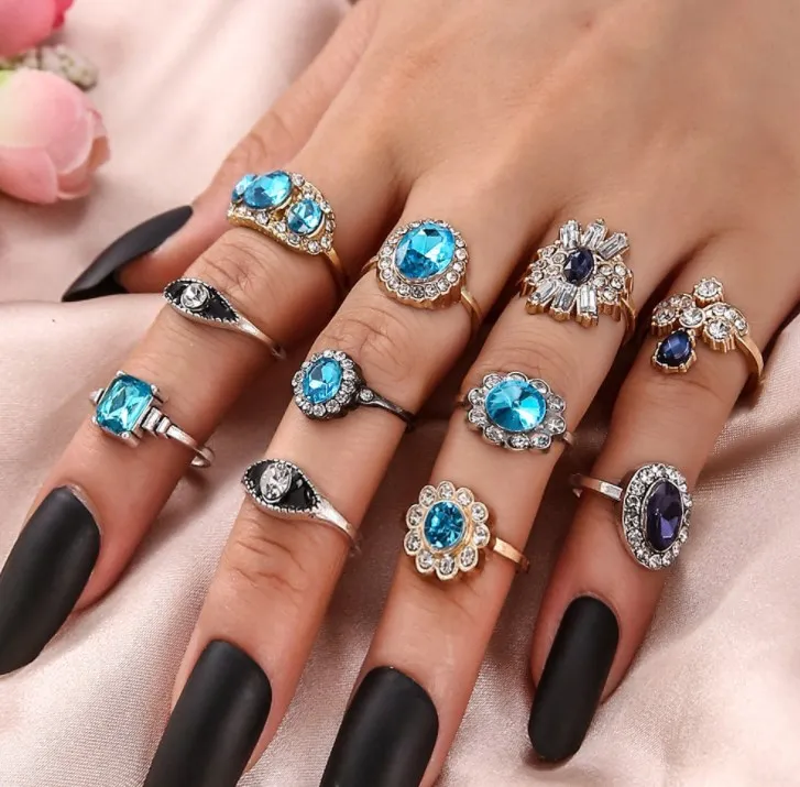 

11pcs/set Fashion temperament inset diamond blue black diamond ring micro inset water diamond gold and silver double color ring, Gold+silver