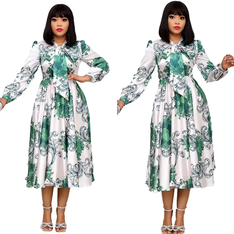 

A093-spring 2021 african dresses long sleeve elegant bow floral dress women office dress