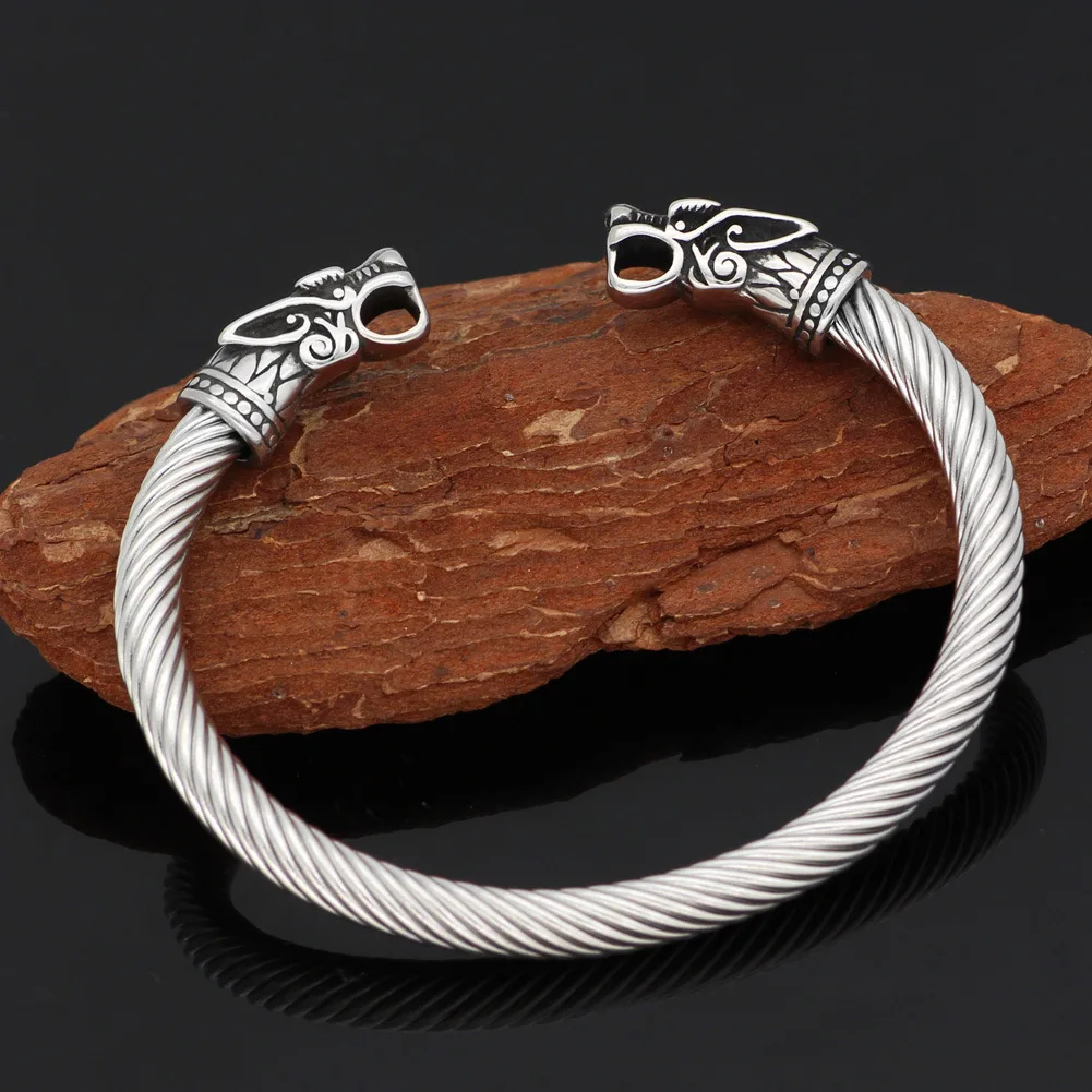 

Hot Sale Nordic Viking Bracelet Stainless Steel Bangles Vintage Double Dragon Heads Bangle for Man