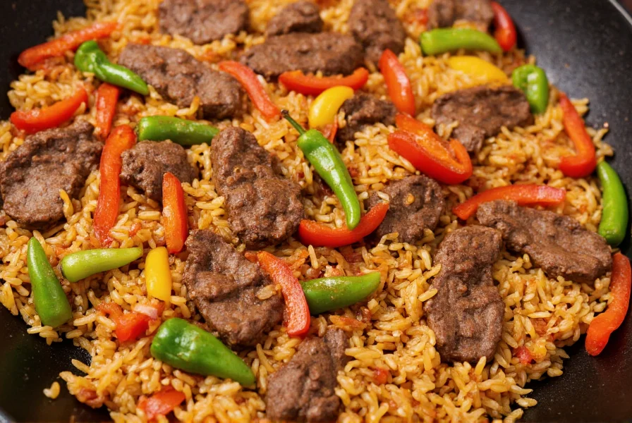 Close-up of sizzling pepper steak and rice in a wok with colorful bell peppers and tender beef strips