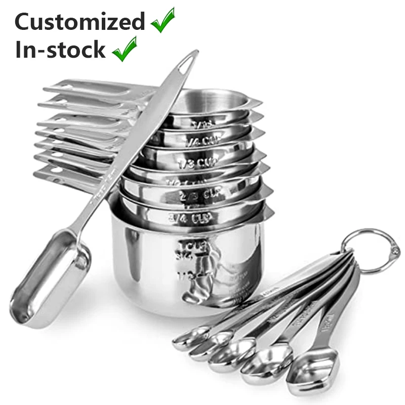 

High Quality 12 Pcs Food Grade Stainless Steel Measuring Cups and Spoons Set for Liquid Dry Measuring, Silver