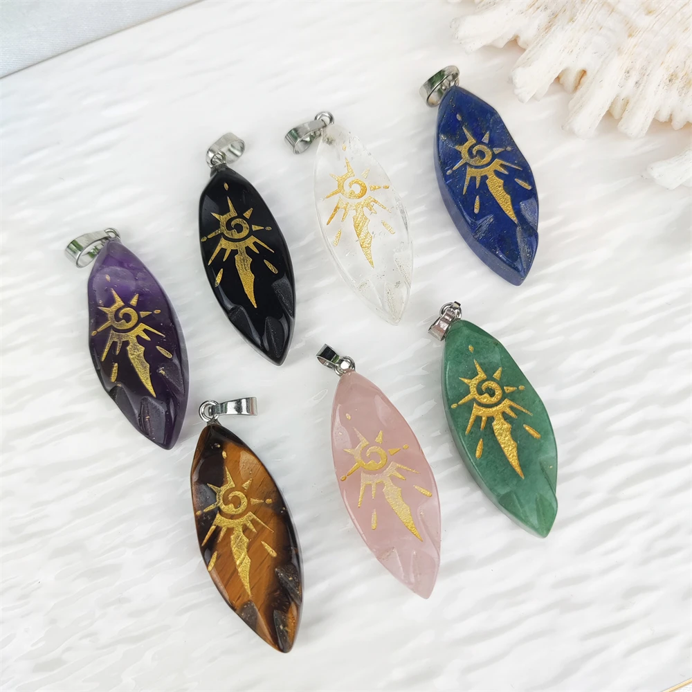 Unisex Marquise Cut Natural Stone Pendant Black Obsidian Amethyst Crystal Orgone Carve Eye Plated Religious for Necklace Making