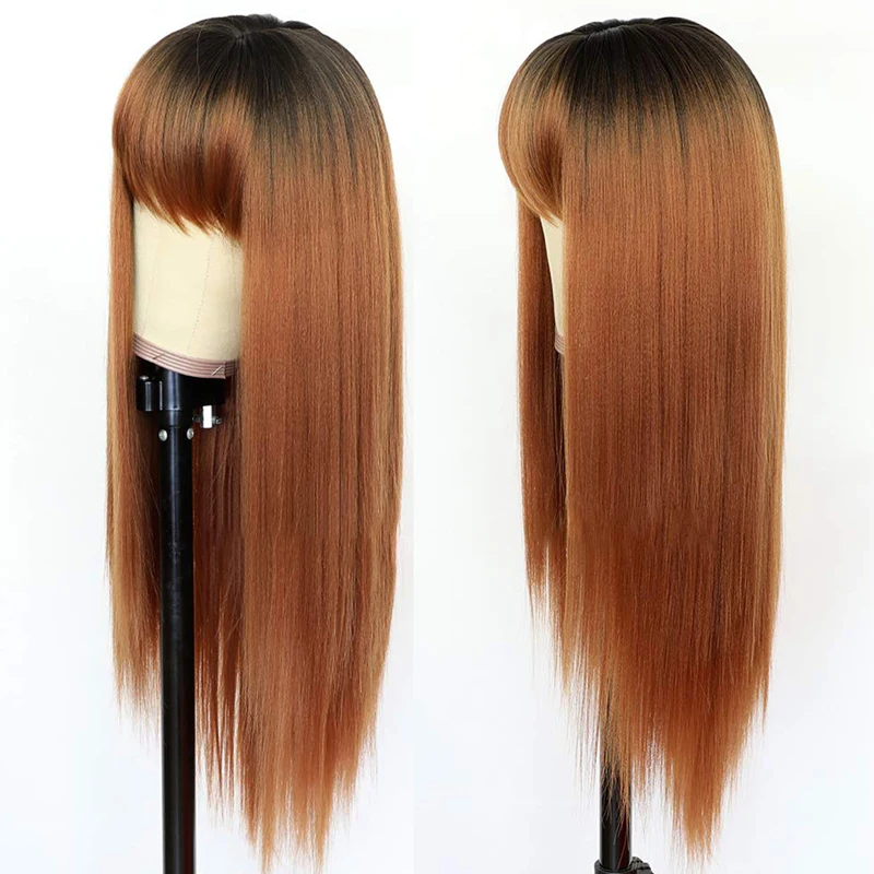 

Long Silky Straight Wave Heat Resistant Synthetic Machine Made Wigs With Bangs No Lace Wigs, Customized colors