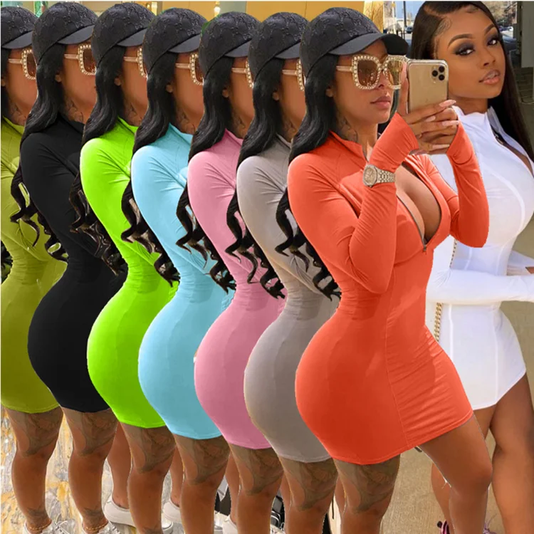 

V-neck zipper bodycon casual dresses short dresses sexy long sleeve dress women, As shown on picture