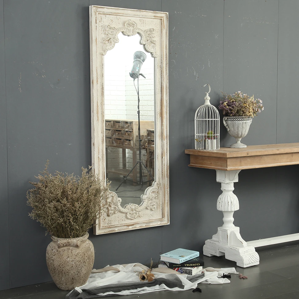 
HOME ready to ship big size decorative rustic antique white wood wall mirror shabby hanging rectangular framed mirror 