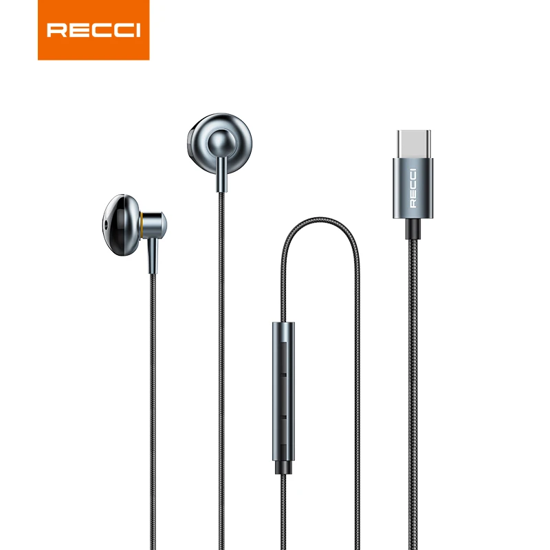 

Recci high quality metal material type-c In-ear HD call earphones with mic and volume button for iPhone, Samsung, Huawei