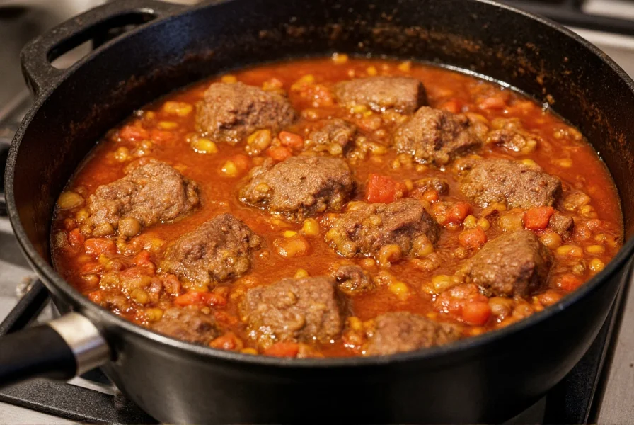 Cast iron pot with rich brown steak and beef chili simmering on stove, showing tender steak chunks and ground beef in thick tomato-based broth with visible spices