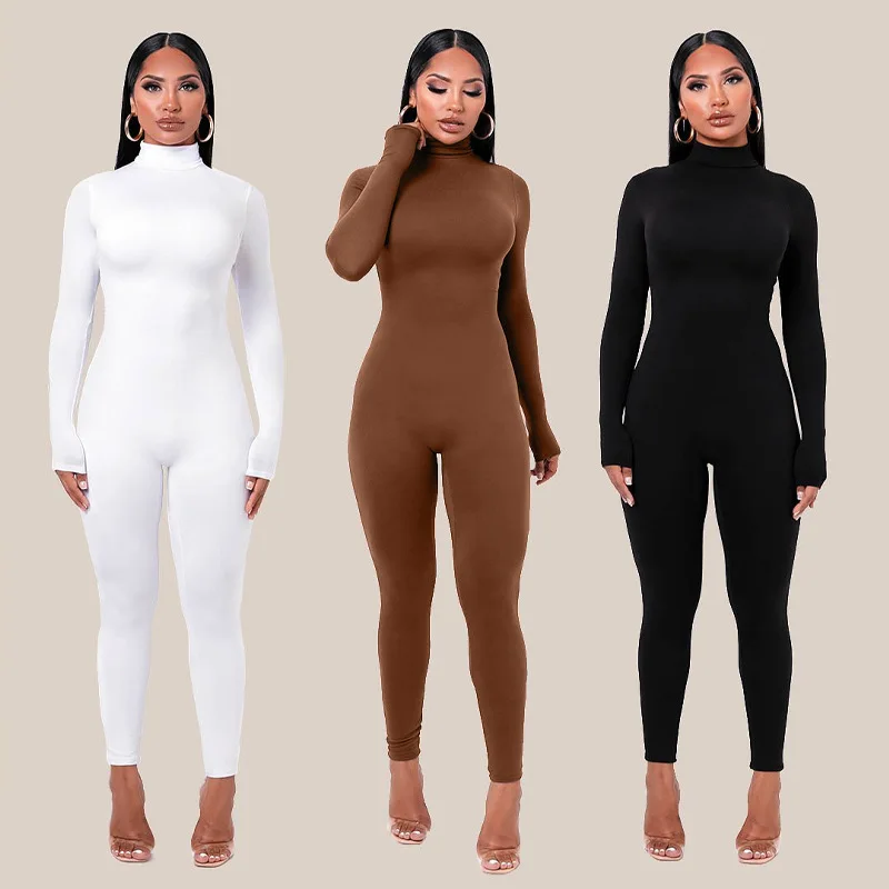 

2022 spring women fashion appeal simple plain bodycon jumpsuits long sleeve jumpsuits full length casual jumpsuit for ladies