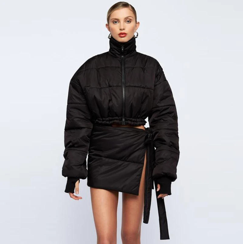 

CUTENOVA X21ST501 Autumn winter fashion stand collar long sleeve drawstring zipper short jacket women's two-piece set