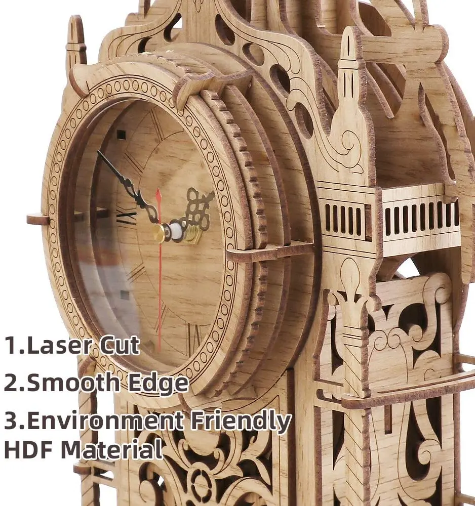 3D Wooden Puzzle Clock Model Kits for Adults Tower Desk Clock 