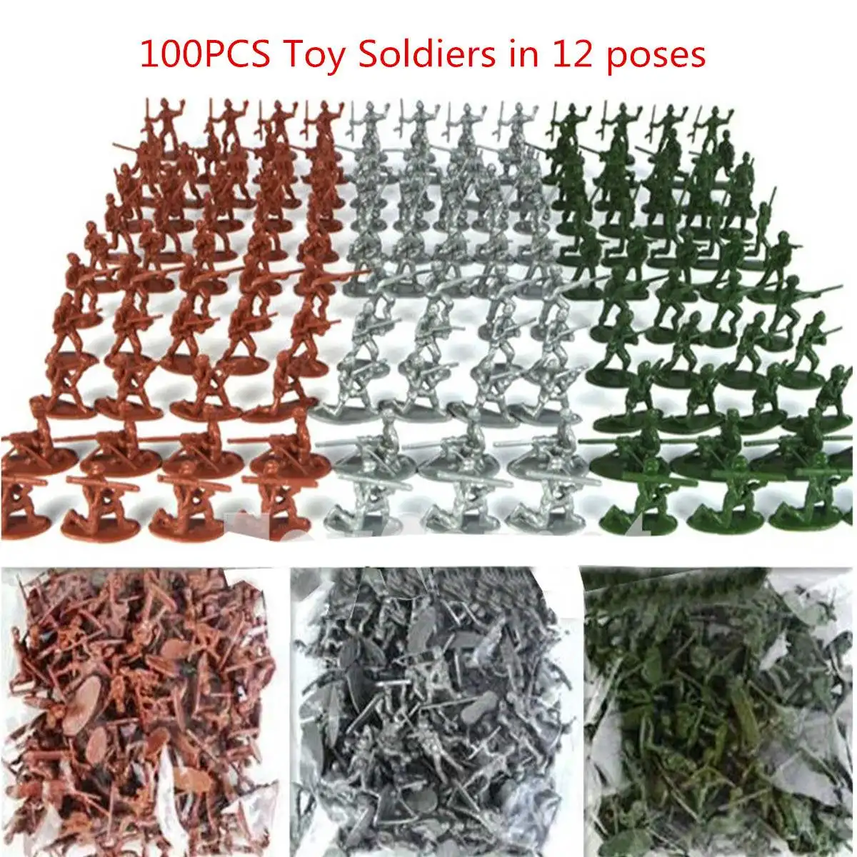 100pcs Paquet Militaire Plastique Jouet Soldats Armée Hommes Figures 12 Poses 