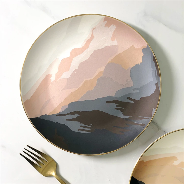 nordic minion round colorful wedding restaurant serving stoneware plate decoration ceramic dinner plates with gld rim .jpg