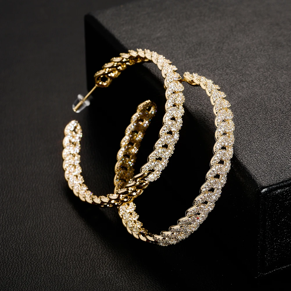 

2021 Hip Hop Jewelry Accessories Iced Large Cuban Link Chain Hoop Earrings In Yellow Gold Micro Pave CZ Earrings