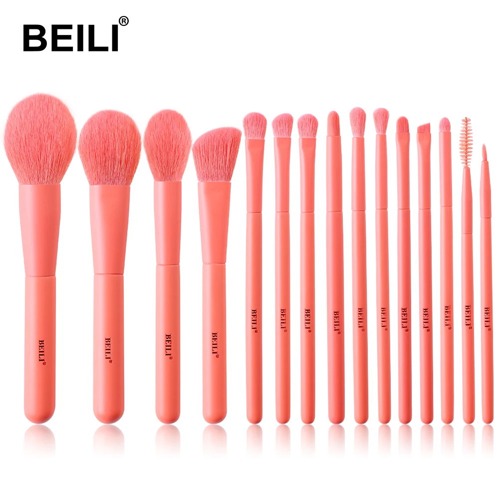 

BEILI Make up brush Set Coral Color 15pcs Synthetic Hair Makeup Brushes Foundation Powder Blending Contour Eye Shadow custom Kit