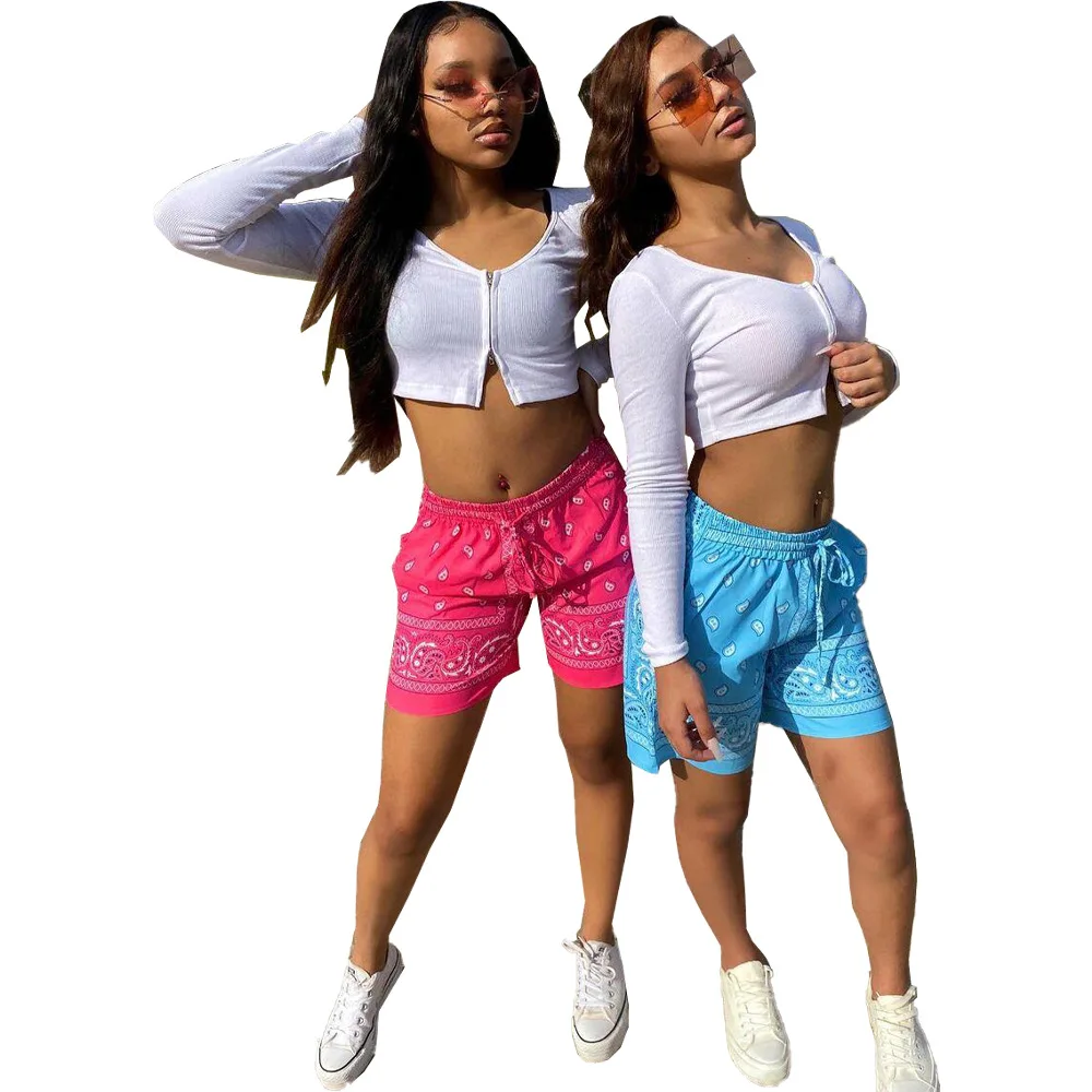 

2021 Summer Stylish Sexy Paisley Bandana Print Street Wear Hip Hop Casual Drawstring Lounge Beach Short Trouser Women's Shorts