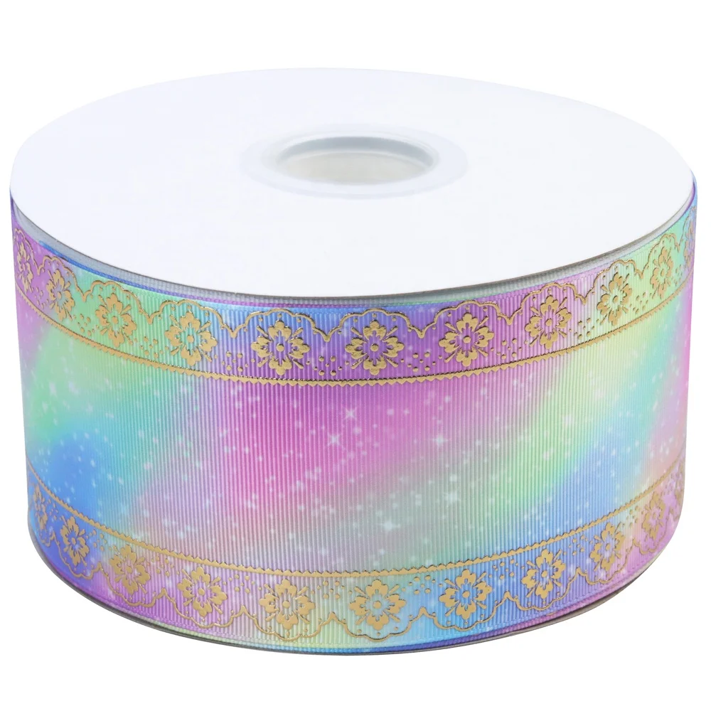 

3 inch 75mm top quality Rainbow design printed gold foiled hologram ribbon for bows DIY accessories ribbon, 196 color to choose