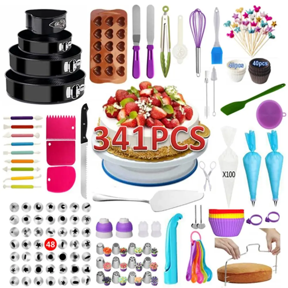 

341 Pcs/set Cake Decor Tool Cake Decorating Supplies Kit For Beginners Baking Pastry Tools With Non-slip Base For Beginners