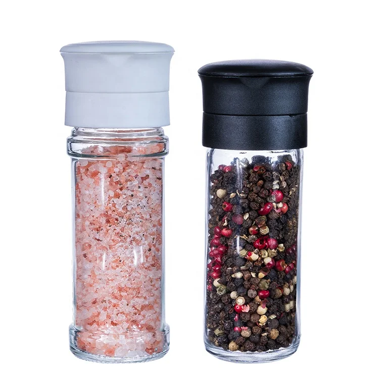 

Wholesale 100ml packaging small container glass spice grinder shaker bottle with ceramics salt and pepper grinder cap, Transparent bottle