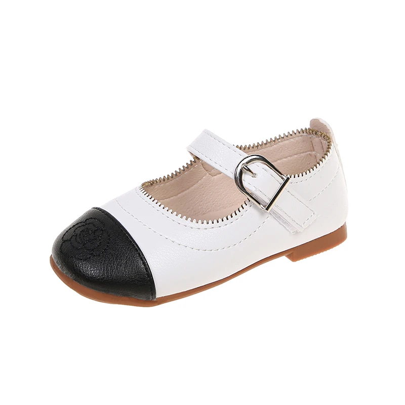 

Kids Girl Mary Jane Buckle Strap Ballerina Flats Shoes, White/black/beige