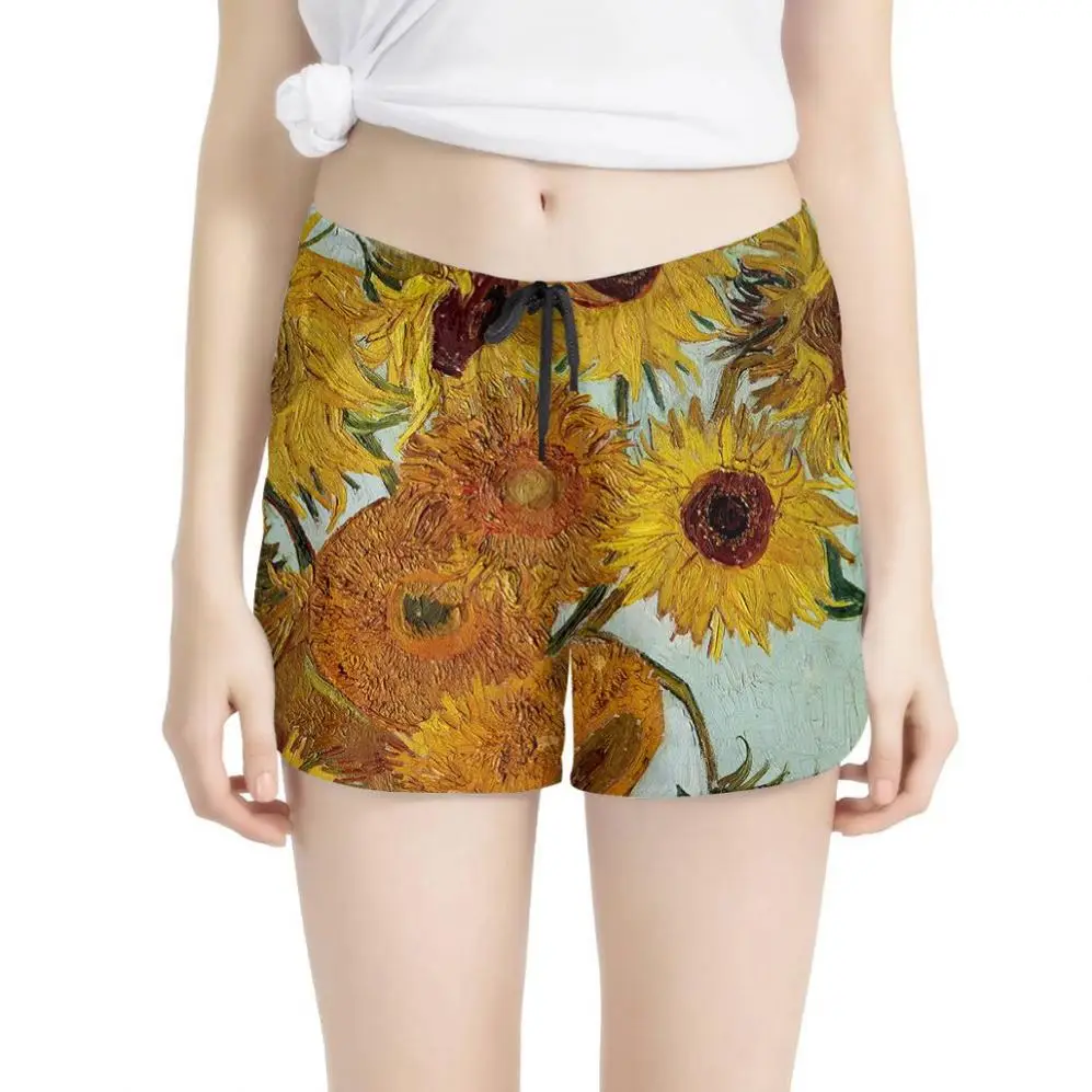 

Quanzhou Factory Sunflower Oil Painting Print Wholesale Quick Dry Women's Plus Size Workout Shorts, Custom color,summer beach shorts