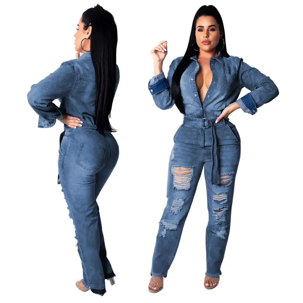 

Wholesale casual women denim ripped hole pants overall denim plus size jean jumpsuit denim romper woman, Blue