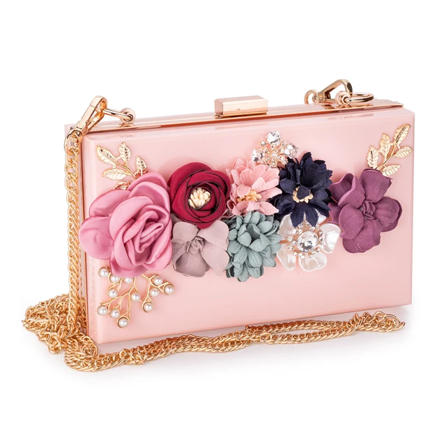 

2020 mew Custom women fashion transparent evening bags clear boxed purse crossbody acrylic clutch with flower