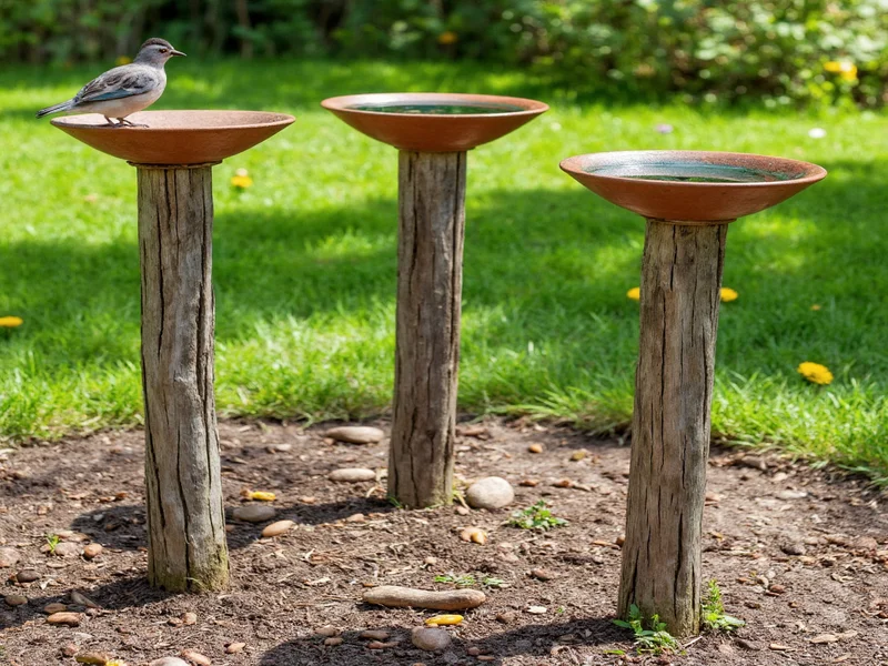 Three homemade bird baths made from recycled materials