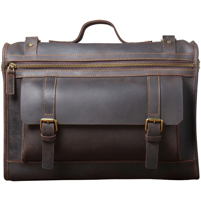 

Vintage crazy horse leather handmade large-capacity Cowhide men shoulder bag messenger briefcase