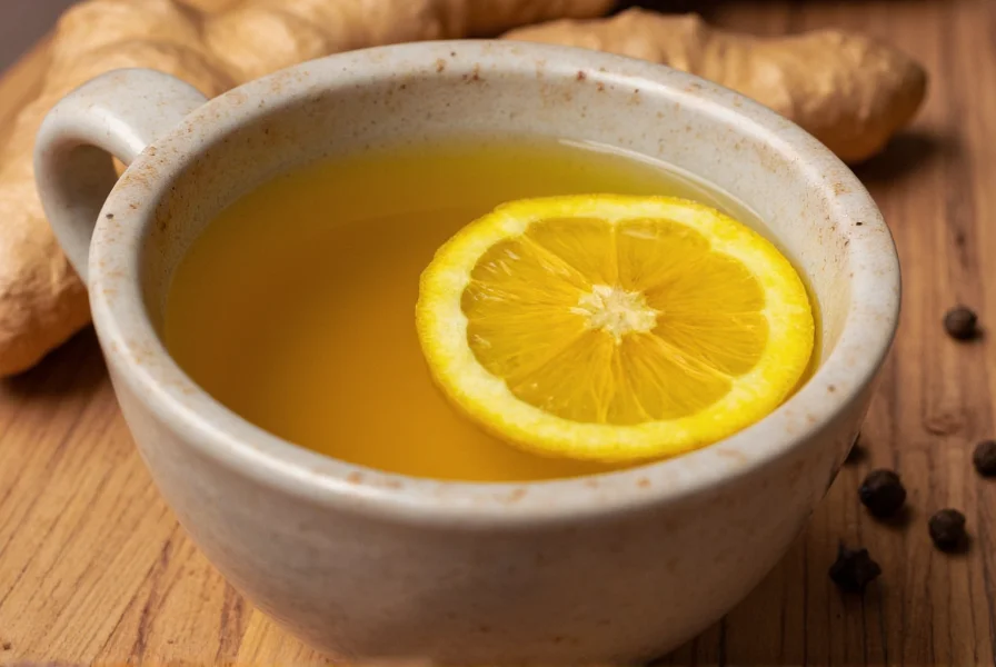 Golden turmeric tea in a ceramic mug with fresh ginger slices and black pepper on wooden table