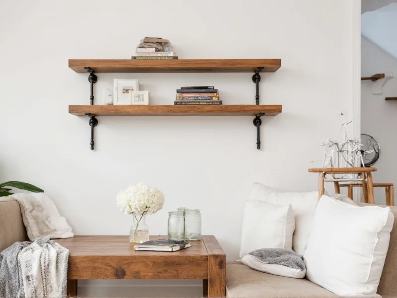 Black pipe fittings supporting wooden shelves in living room