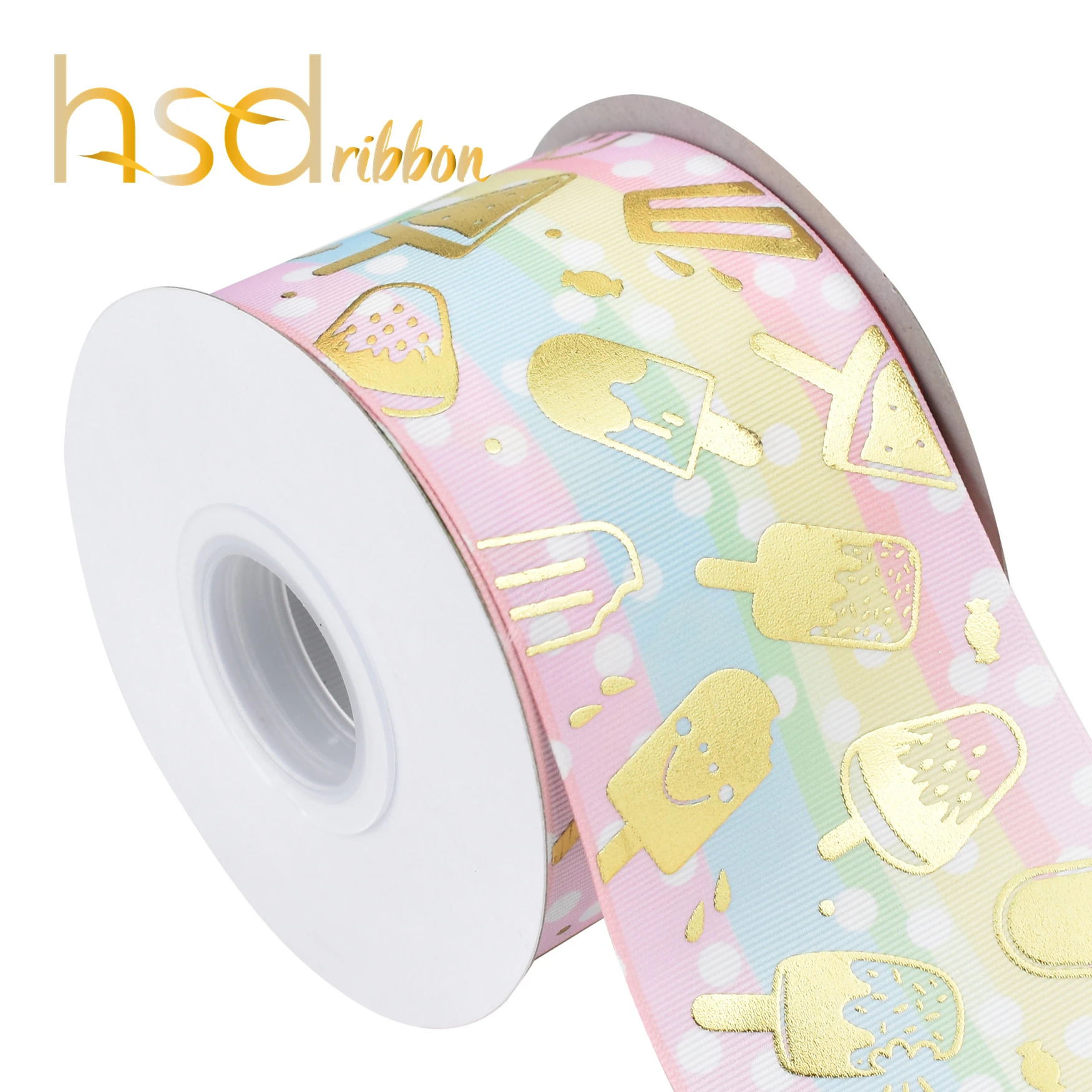 

HSDRibbon 75MM hsd-design Summer custom printed foil gold grosgrain ribbon