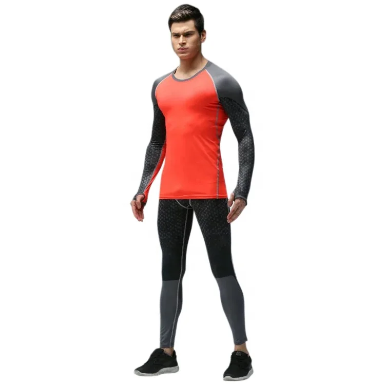 

young design long sleeves tight gym wear outdoor athletic sportswear men compression tights two pieces fitness set, Fluorescent green+black,orange+grey,blue+black