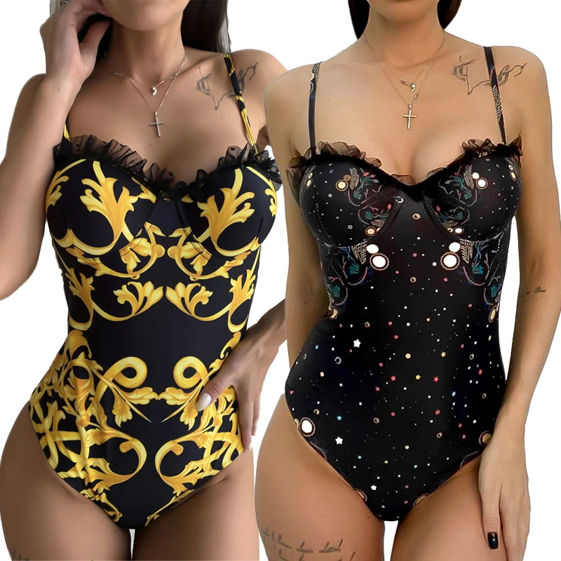 

Women One-Piece Swimsuit 2021 Sexy Female Lace Push Up Swimwear Print Thong Brazilian Monokini Bathing Suit, Black