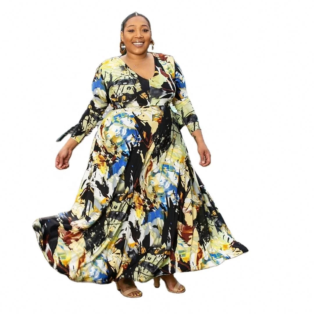 

European And American Fashion Plus Size Dress Digital Printing Sexy V-Neck Big Swing Dress
