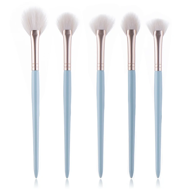 

New Arrival 5 Pcs Blue Handle White Hair Various Fan Style Makeup Brush With Package